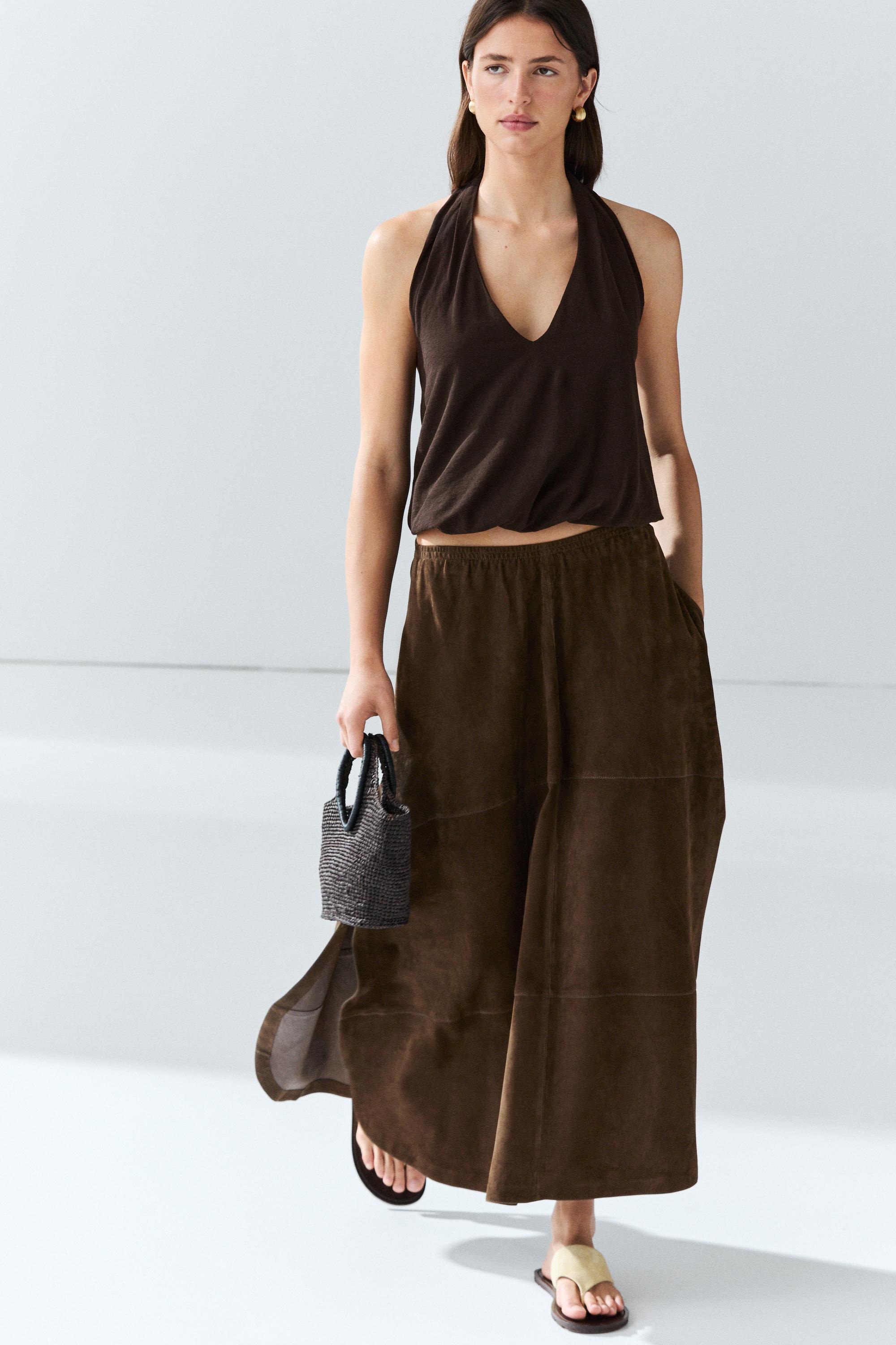 Suede leather midi skirt